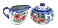Polish Pottery Cherry Red Bouquet Sugar Bowl & Creamer Set
