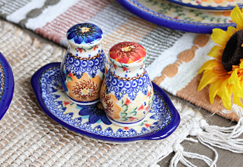 Autumn Burst Salt & Pepper Shakers with Tray Polish Pottery