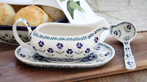 Blue Daisy Gravy Boat & Ladle Polish Pottery
