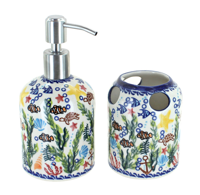 Polish Pottery Atlantis Soap Dispenser & Toothbrush Holder