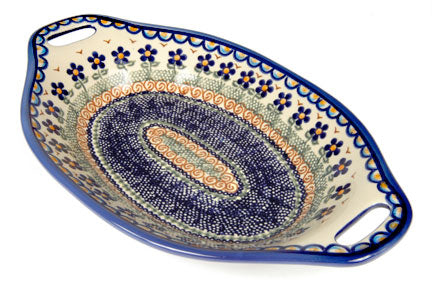 Aztec Flower Bread Tray with Handles Polish Pottery