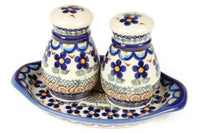 Aztec Flower Salt & Pepper Shakers with Tray Polish Pottery
