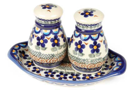 Aztec Flower Salt & Pepper Shakers with Tray Polish Pottery