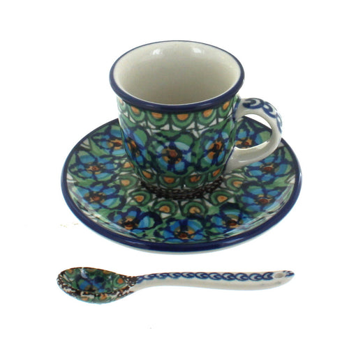 Polish Pottery Mardi Gras Espresso Cup & Saucer with Spoon