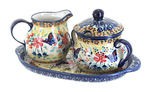 Polish Pottery Blue Butterfly Sugar & Creamer Set