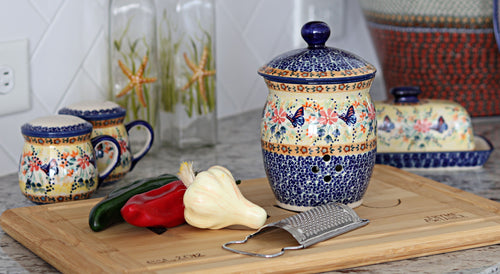 Blue Butterfly Garlic Keeper Polish Pottery