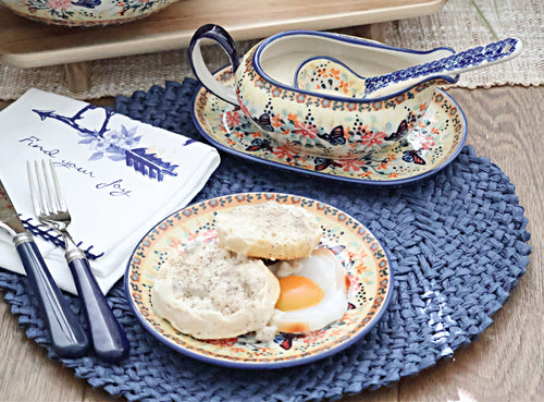 Blue Butterfly Gravy Boat & Ladle Polish Pottery