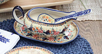 Blue Butterfly Gravy Boat & Ladle Polish Pottery