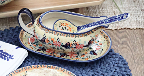 Blue Butterfly Gravy Boat & Ladle Polish Pottery