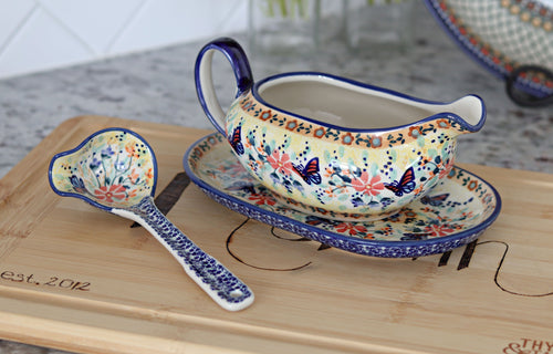 Blue Butterfly Gravy Boat & Ladle Polish Pottery