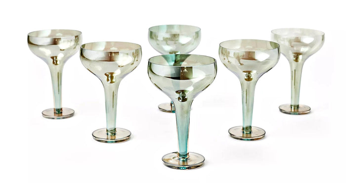 Polish Pottery Baltic Green/Grey Iridescent Champagne Coupe - Set of 6