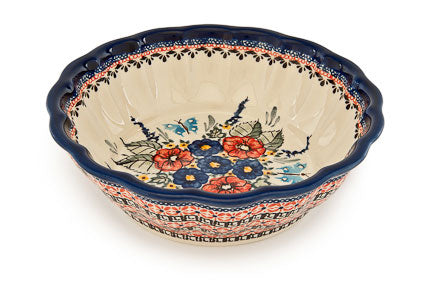 Floral Butterfly Large Scallop Bowl Polish Pottery