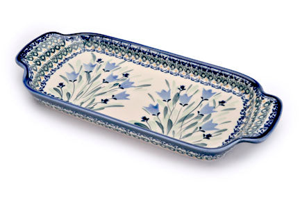 Blue Tulip Bread Tray with Handles Polish Pottery