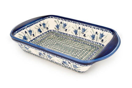 Blue Tulip Large Rectangular Baker with Handles Polish Pottery
