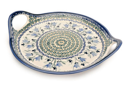 Blue Tulip Round Serving Tray with Handles Polish Pottery