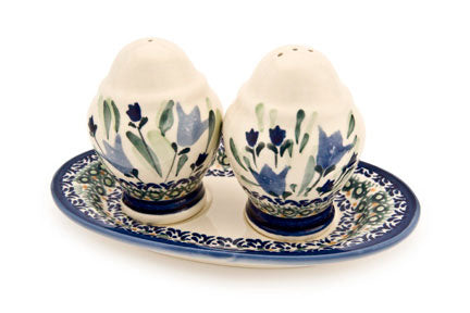 Blue Tulip Salt & Pepper Shakers with Dish Polish Pottery
