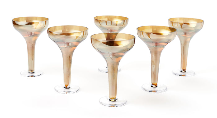 Polish Pottery Amber Iridescent Champagne Coupe Clear Bottom - Set of 6