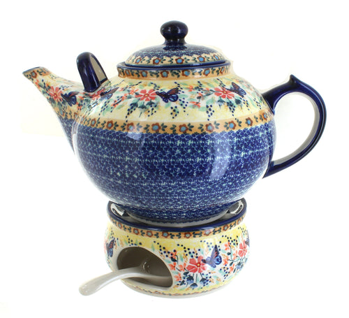 Polish Pottery Blue Butterfly Large Teapot & Warmer