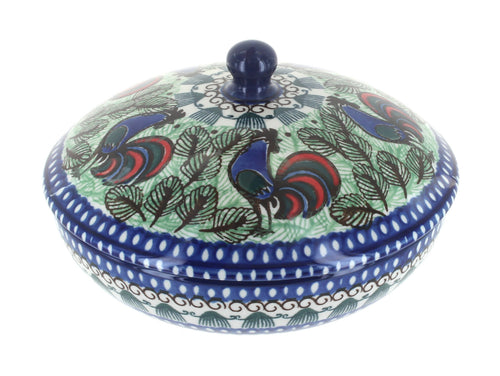 Polish Pottery Rooster Row Covered Bowl