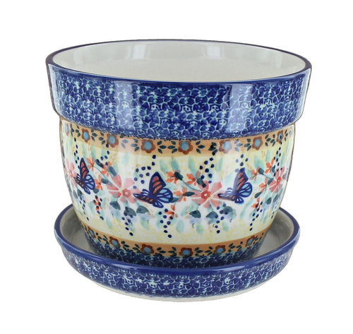 Polish Pottery Blue Butterfly Large Flower Pot
