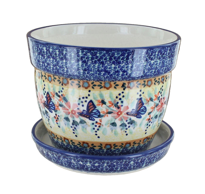 Polish Pottery Blue Butterfly Large Flower Pot