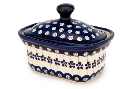 Flowering Peacock Butter Tub Polish Pottery
