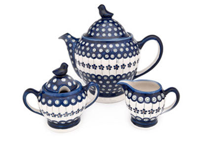 Flowering Peacock 3 Piece Coffee Pot Set with Bird Topper Polish Pottery