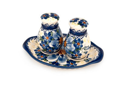 Daisy Surprise Salt & Pepper Shakers with Tray Polish Pottery