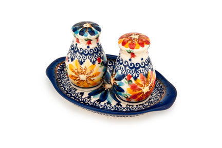 Autumn Burst Salt & Pepper Shakers with Tray Polish Pottery