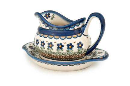 Aztec Flower Gravy Boat & Plate Polish Pottery