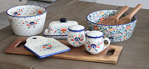 Desert Flower Salt & Pepper Shakers with Handles Polish Pottery