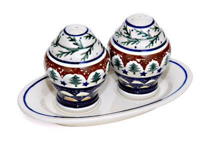 Evergreen Salt & Pepper Shakers with Plate Polish Pottery