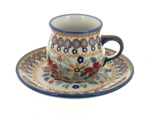 Polish Pottery Red Daisy Espresso Cup & Saucer
