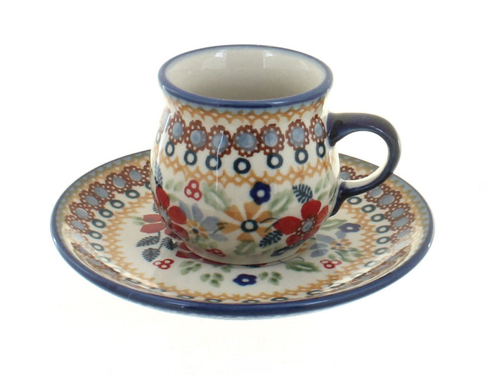 Polish Pottery Red Daisy Espresso Cup & Saucer