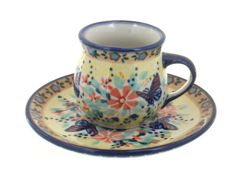 Polish Pottery Blue Butterfly Espresso Cup & Saucer