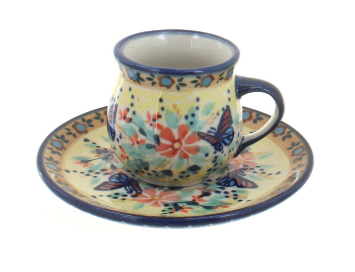 Polish Pottery Blue Butterfly Espresso Cup & Saucer