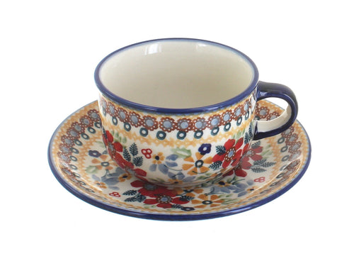 Polish Pottery Red Daisy Cup & Saucer