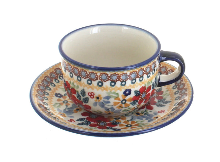 Polish Pottery Red Daisy Cup & Saucer