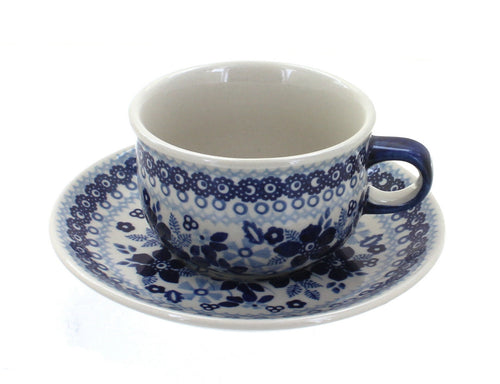 Polish Pottery Vintage Blue Daisy Cup & Saucer