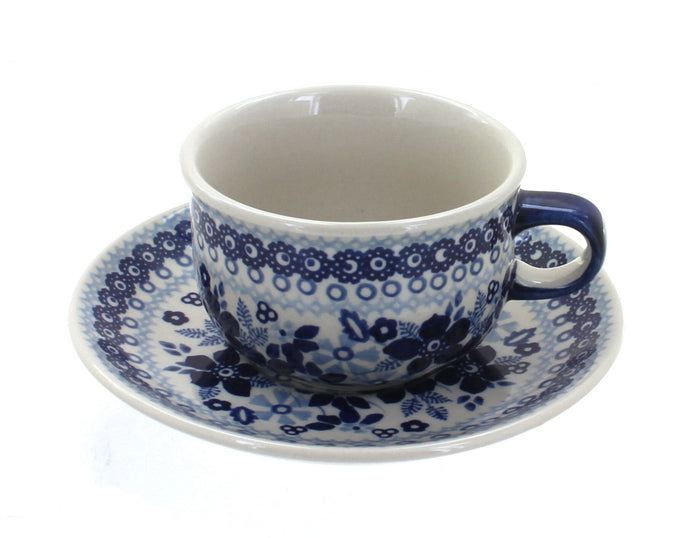Polish Pottery Vintage Blue Daisy Cup & Saucer