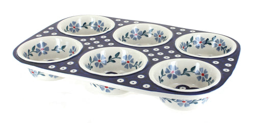 Polish Pottery Blue Violet Muffin Pan