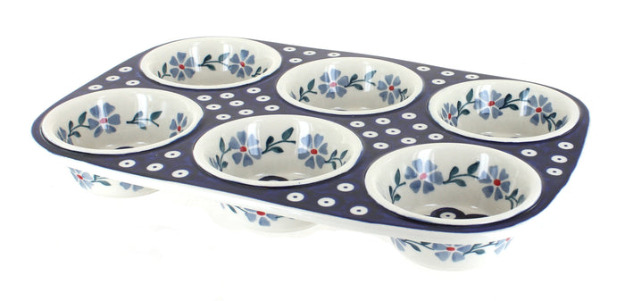 Polish Pottery Blue Violet Muffin Pan