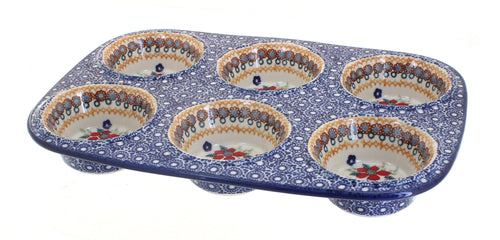 Polish Pottery Red Daisy Muffin Pan