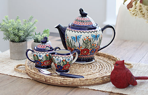 Floral Butterfly Coffee Pot Polish Pottery