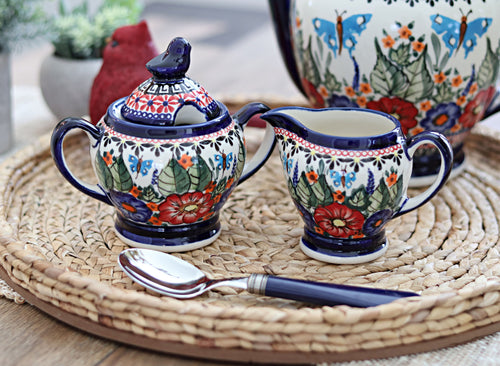 Floral Butterfly Cream & Sugar Set Polish Pottery