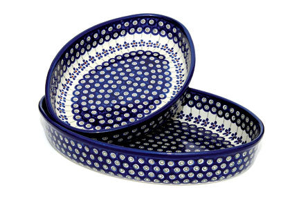 Flowering Peacock Oval Baker Set Polish Pottery