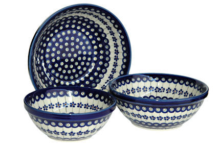 Flowering Peacock 3 Piece Serving Bowl Set Polish Pottery