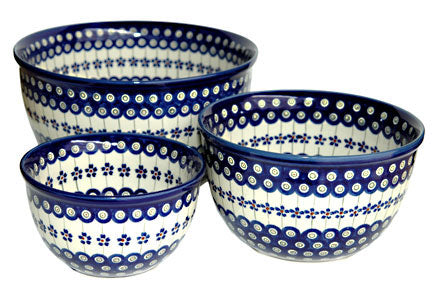 Flowering Peacock Mixing Bowl Set Polish Pottery