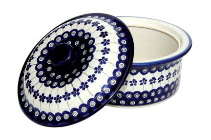 Flowering Peacock Round Baker with Lid Polish Pottery