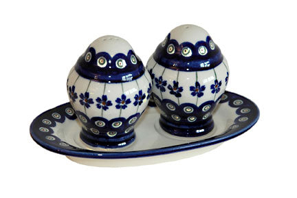 Flowering Peacock Salt & Pepper Shaker with Plate Polish Pottery